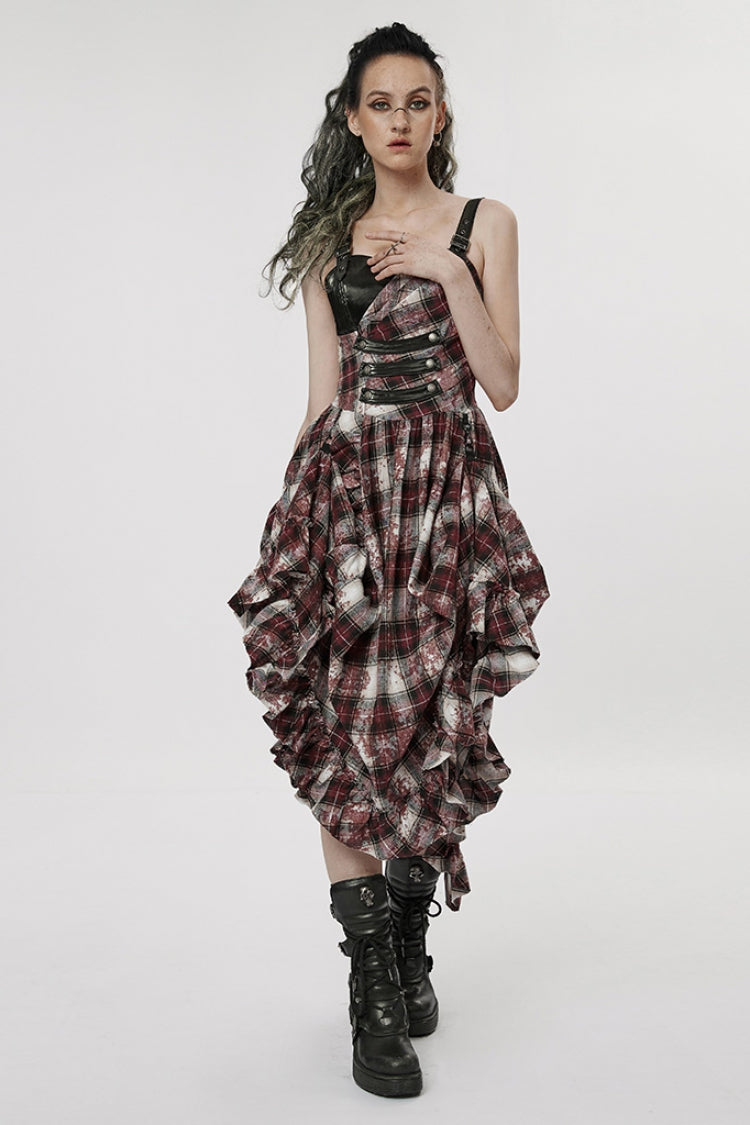 Crimson Noir Leather Strap Plaid Ruffle Irregular Steampunk Dress