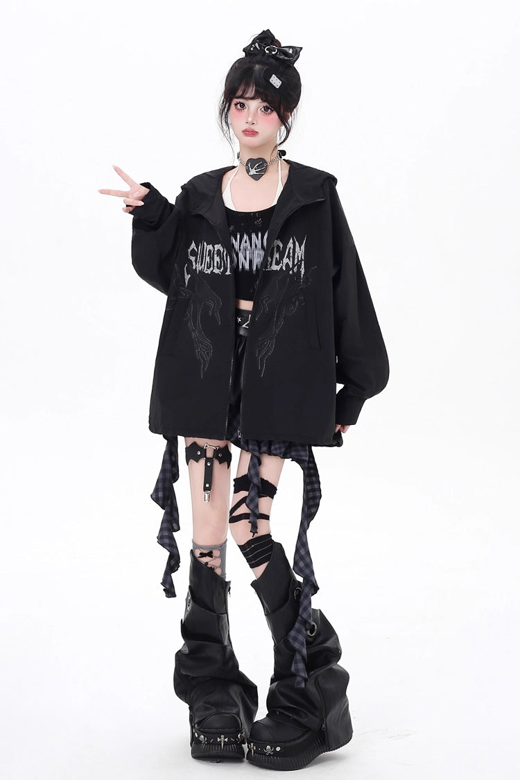 Loose Jirai Kei Gothic Coat with Print and Zipper, Long Sleeve