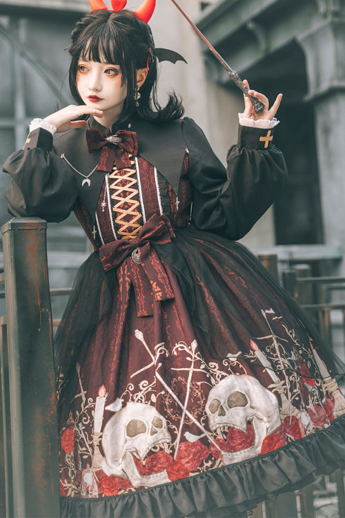 Crimson Noir High-Waist Printed Lolita OP Dress with Lapel Collar