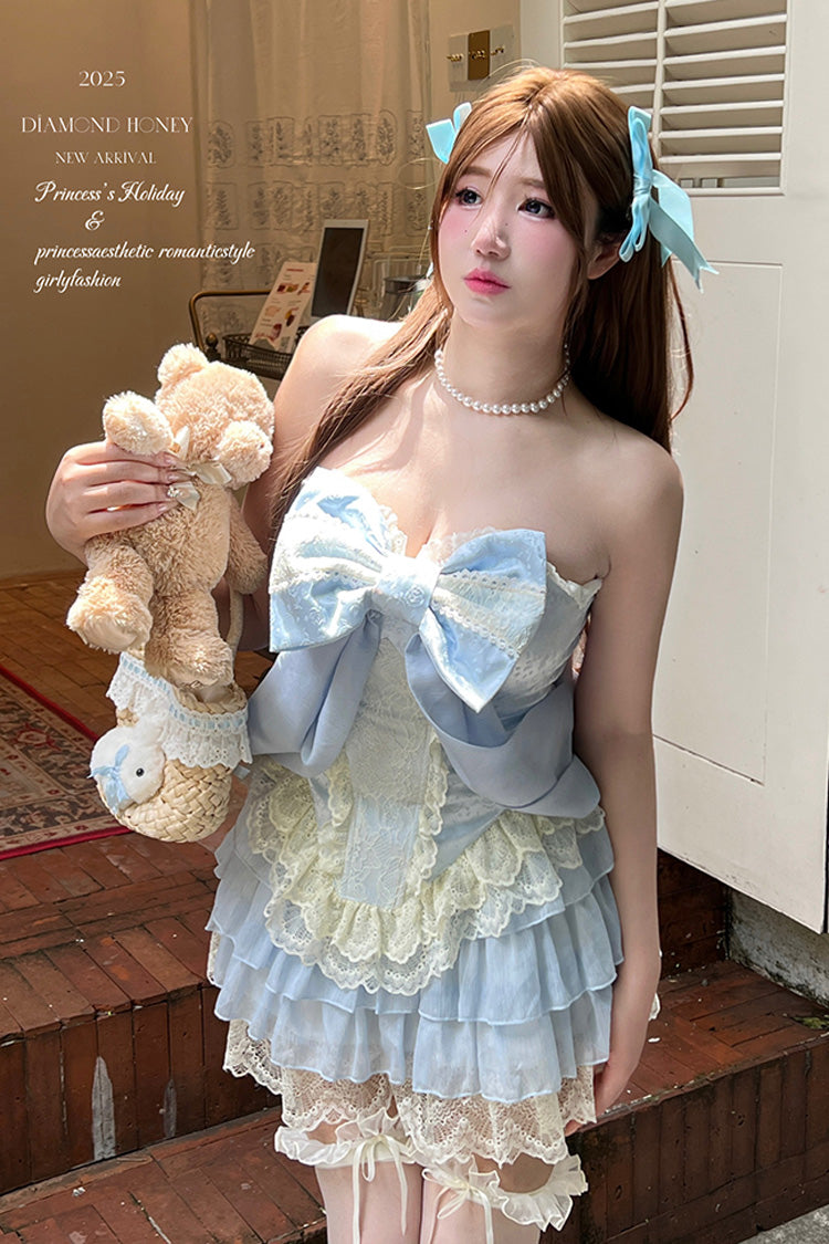 Double-Layered Ruffled Bow Lace Two-Piece Skirt Set - Antique Girl
