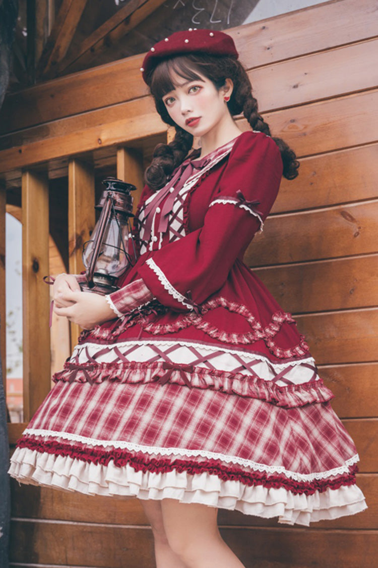 Crimson Plaid Layered Lolita OP with Lantern Sleeves and Bows