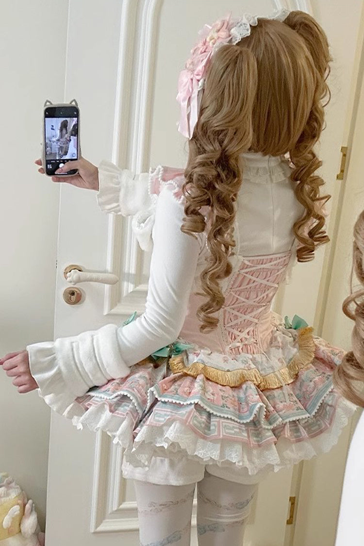 Candy House Multi-Layer Print Ruffle Bow Lace-Up Ballet Lolita JSK