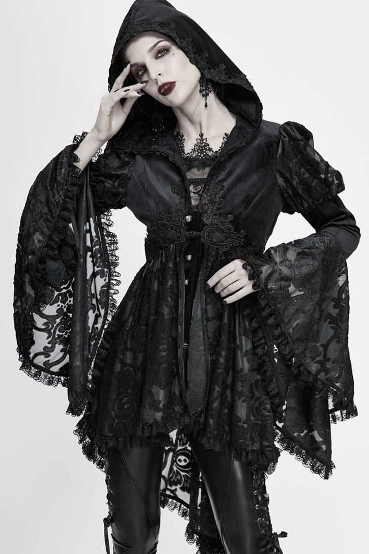 Gothic Velvet Hooded Coat with Metal Buttons, Lace Cuffs & Chest Decals