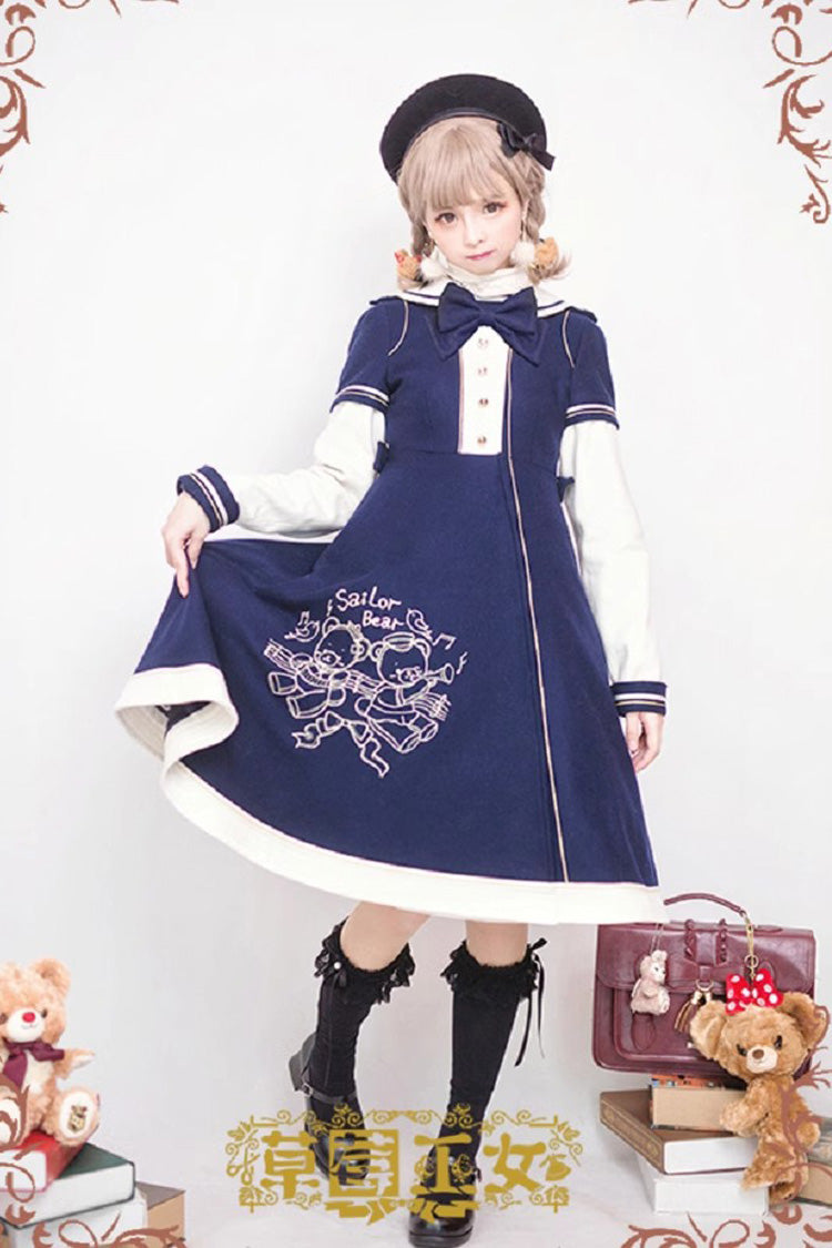 Sweet Lolita Woolen Coat with Bear Print Embroidery and Long Sleeves Bowknot