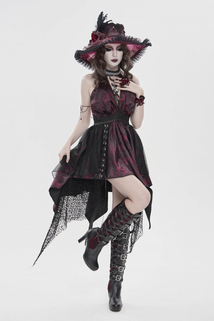 Crimson & Noir Strapless Layered Lace Tassel Gothic Dress with Print