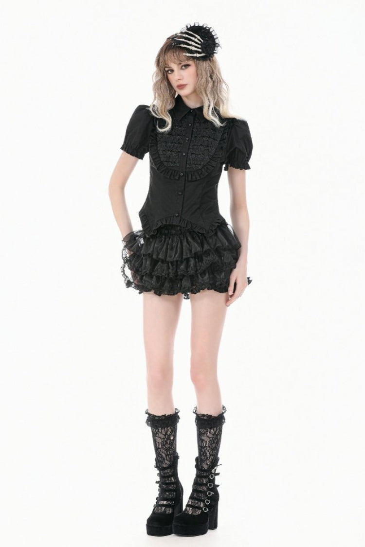 Victorian Slim Blouse with Ruffled Puff Sleeves - Gothic Edge
