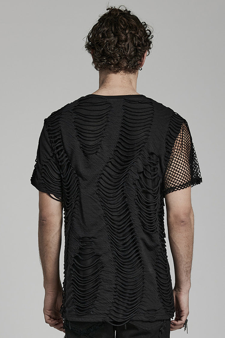 Distressed Mesh-Stitch T-Shirt with Ripped Details
