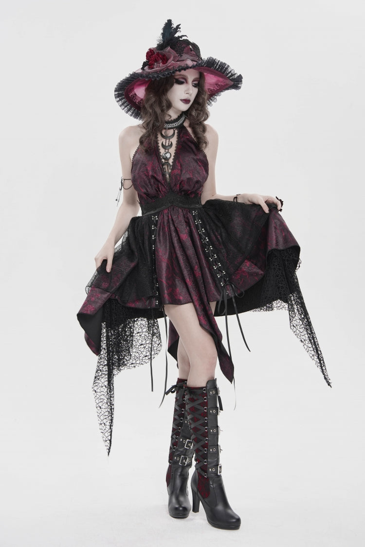 Crimson & Noir Strapless Layered Lace Tassel Gothic Dress with Print