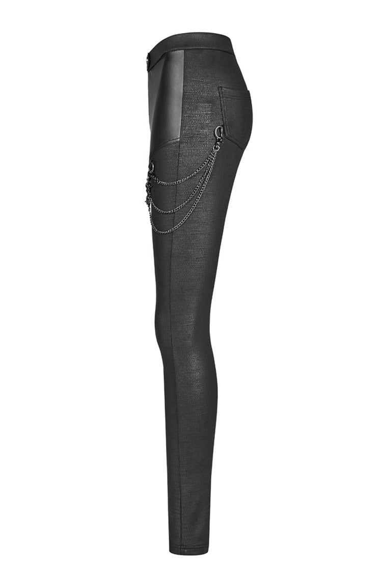Women's Punk Leggings with Crack Velvet, Knit PU Leather, Metal Buckle and Chain