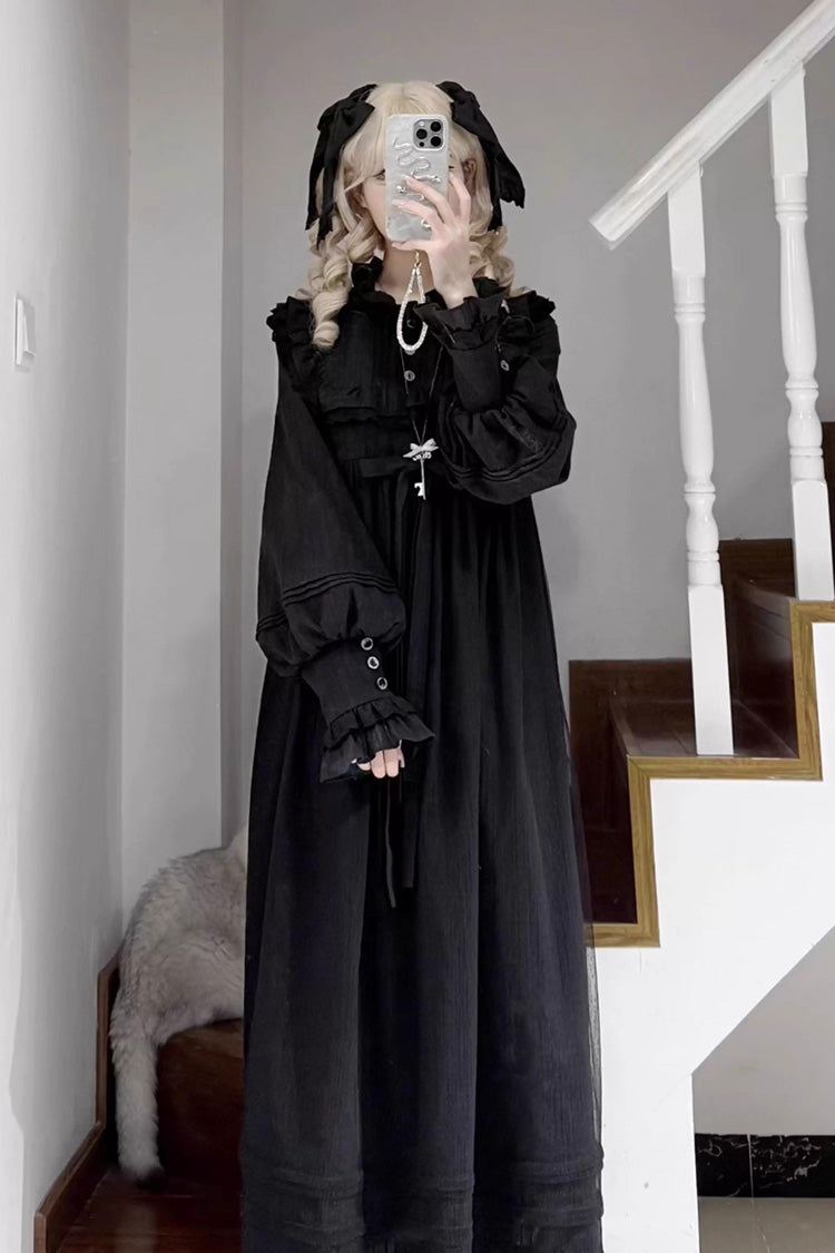 Gothic Nightgown with Ruffle Bow and Lace Trim, Long-Sleeve Sleepwear