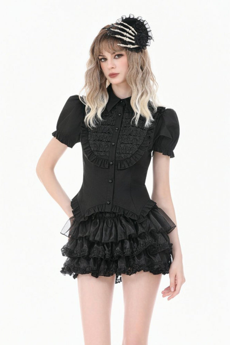 Victorian Slim Blouse with Ruffled Puff Sleeves - Gothic Edge