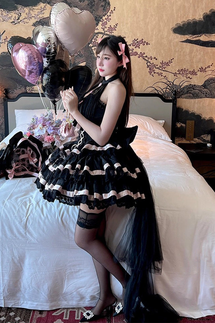Halterneck Triple-Layered Ruffle Bow Sweet Lolita Dress - Ballet Dream