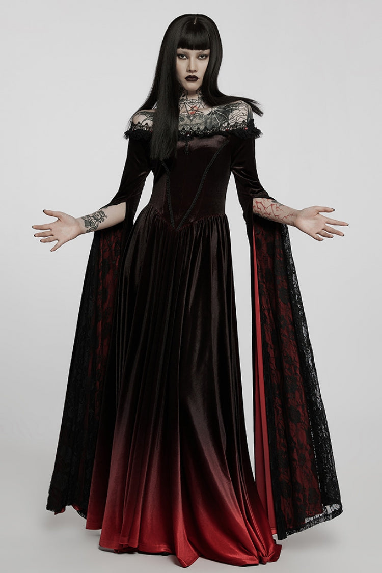 Crimson & Noir Off-Shoulder Long Flared Sleeve Ombre Lace Gothic Gown