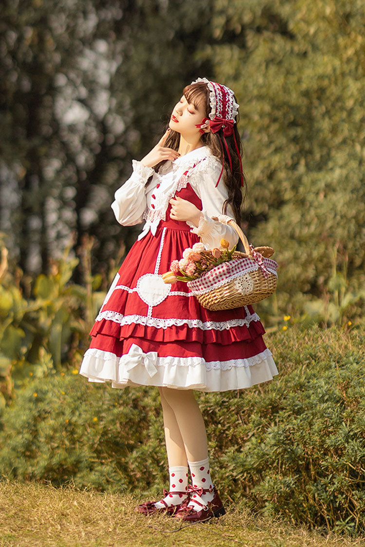 Burgundy Bow-Trimmed High-Waist Lace Sweet Lolita Jumper