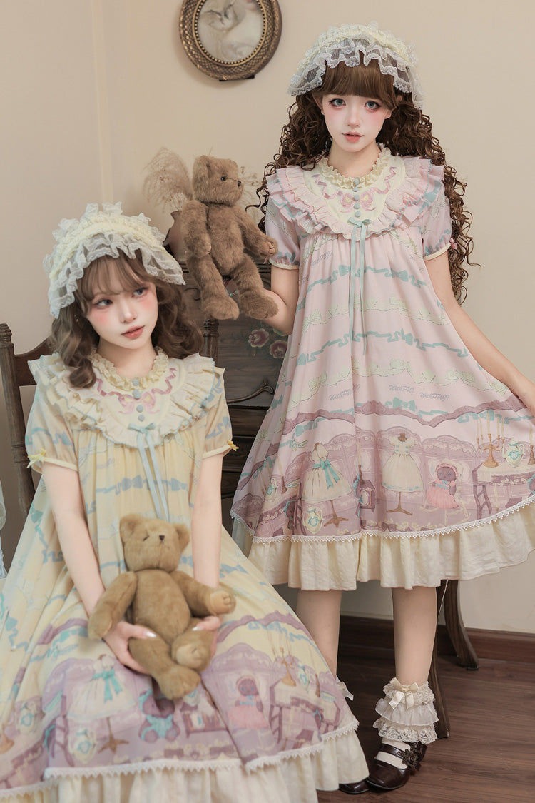 Rose Bear Print Bow Sweet Lolita Dress Set with Ruffled Short Sleeves