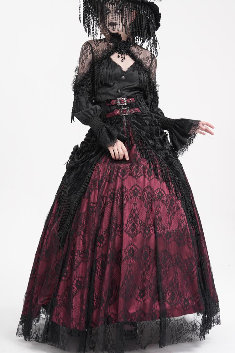 Burgundy Print Embroidery Tassel Buckle Lace-Up Gothic Long Skirt