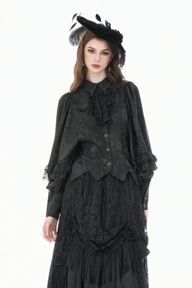 Rose Jacquard Bishop Sleeve Blouse with Tie - Gothic Edge