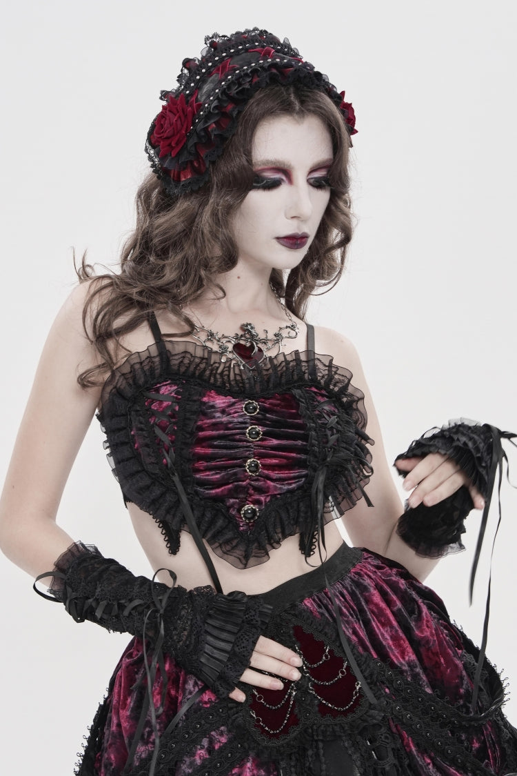 Crimson & Noir Off-Shoulder Bow Lace Color-Block Strappy Pleated Gothic Corset