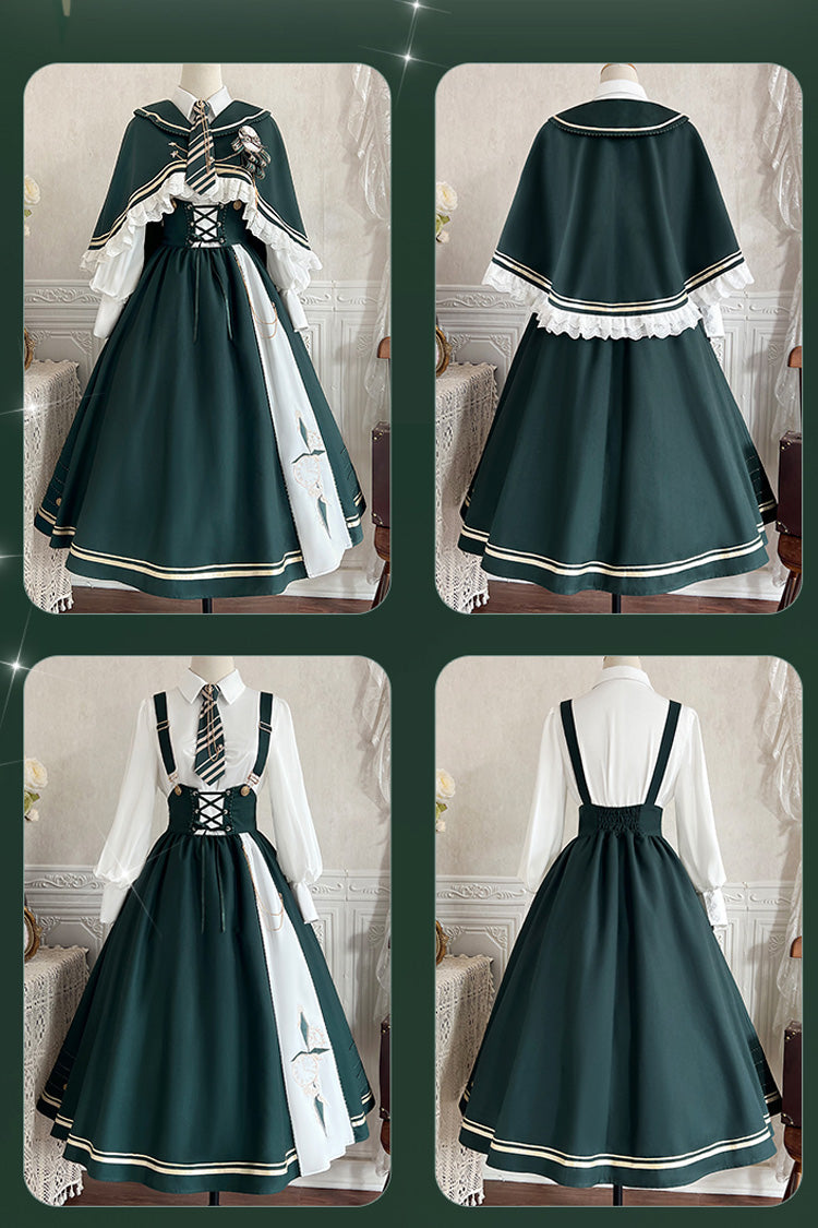 Emerald Time Traveler Print College Style Sweet Lolita Strap Gown 4 Piece Set