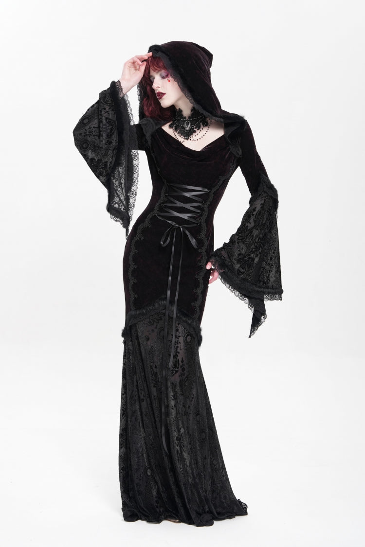 Crimson & Noir Long Flared Sleeve Embroidered Stitched Hooded Mesh Gothic Dress