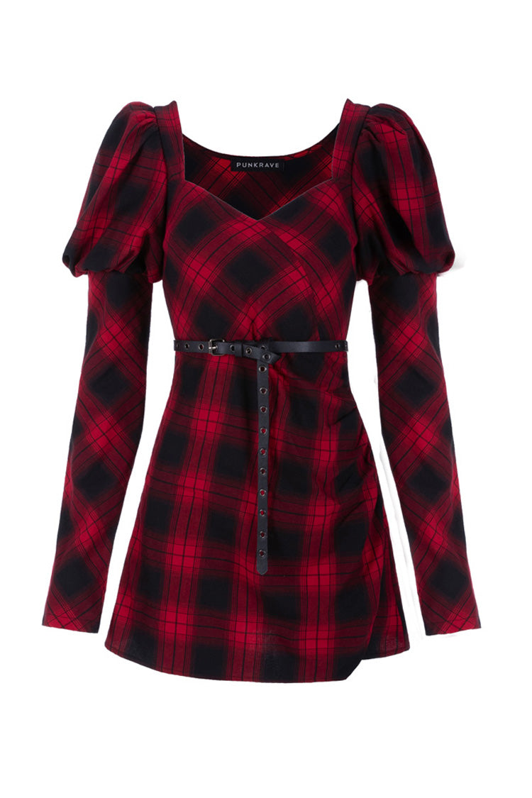 Crimson Noir Lattice High-Waist Belted Steampunk Dress with Long Sleeves