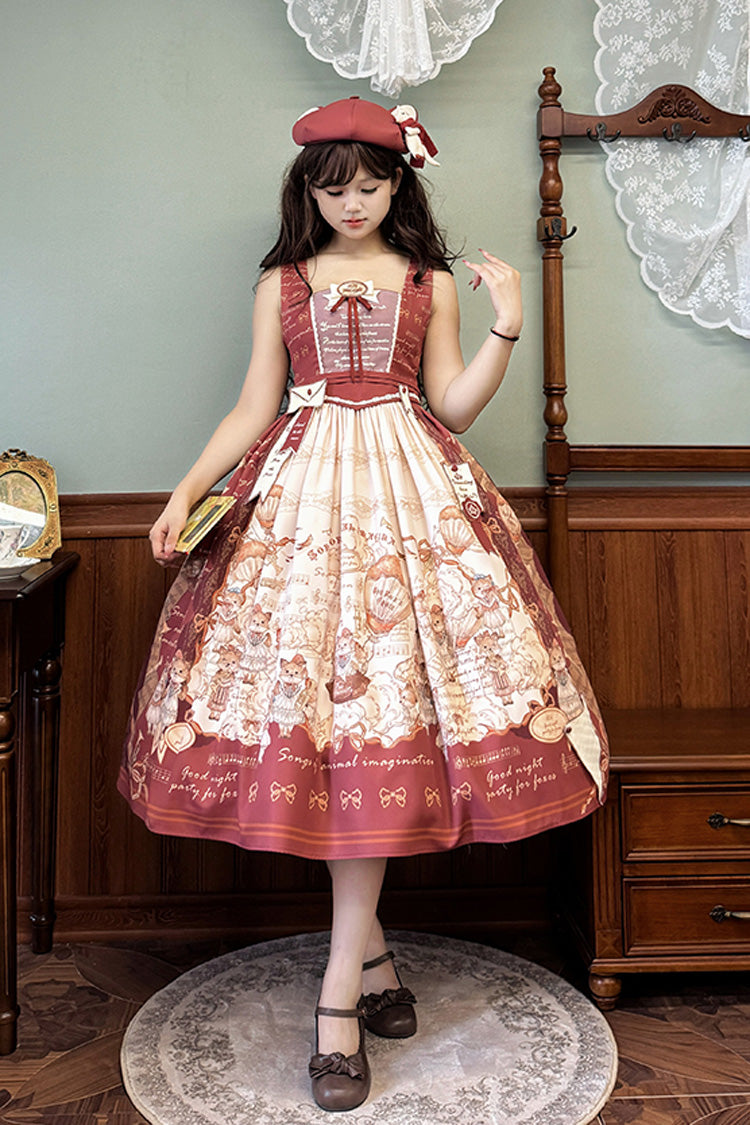 Burgundy Fox Band Print Square Collar Bow Classic Lolita Jumper Dress