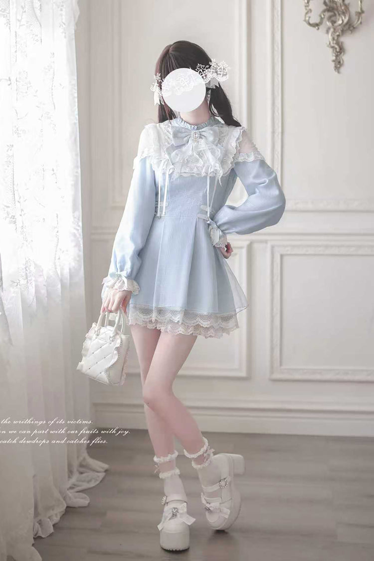 Angel Heartbeat Bowknot Lace Sweet Jirai Kei Japanese Dress with Long Sleeves
