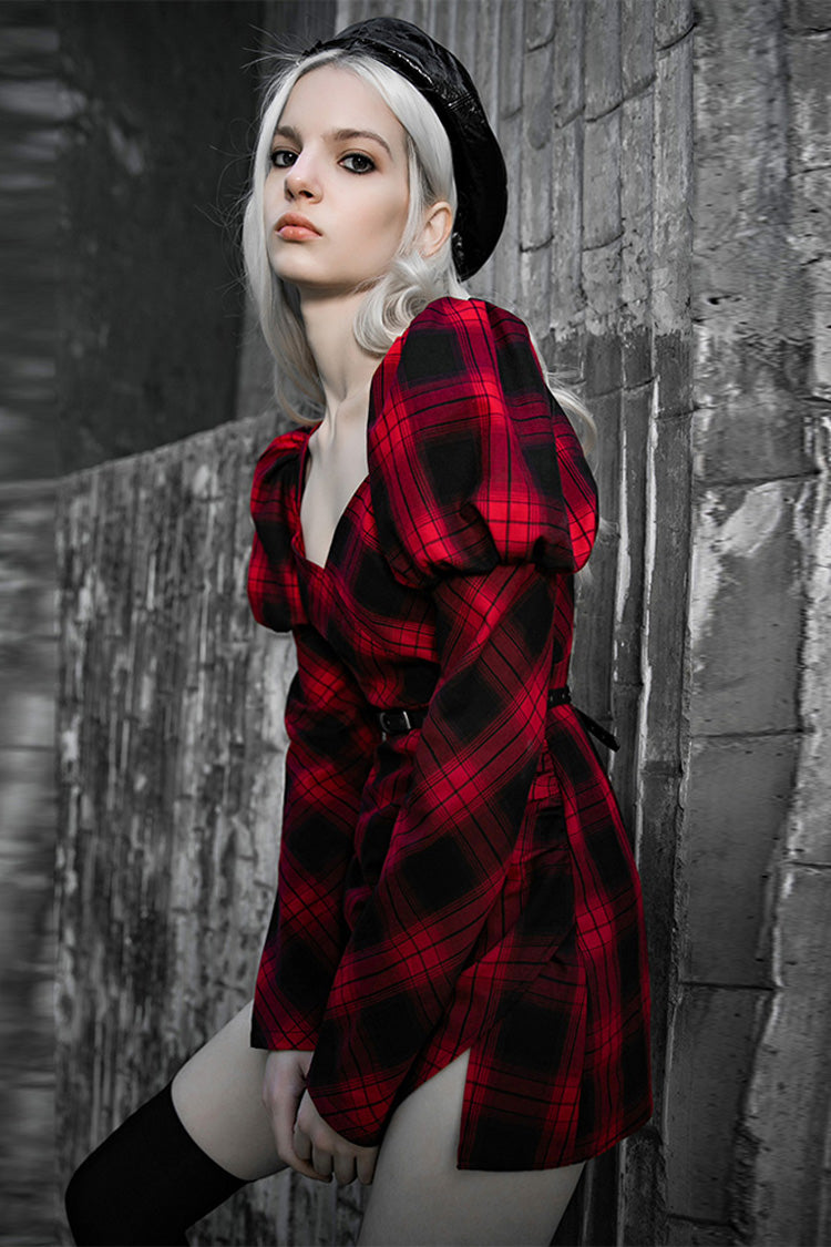 Crimson Noir Lattice High-Waist Belted Steampunk Dress with Long Sleeves