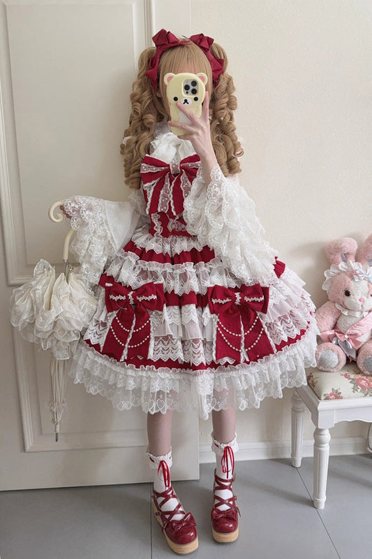 Burgundy Crossed Heart Knot Sleeveless Layered Ruffle Hanayome Cardigan Bow Lace Lace-Up Sweet Lolita JSK Dress