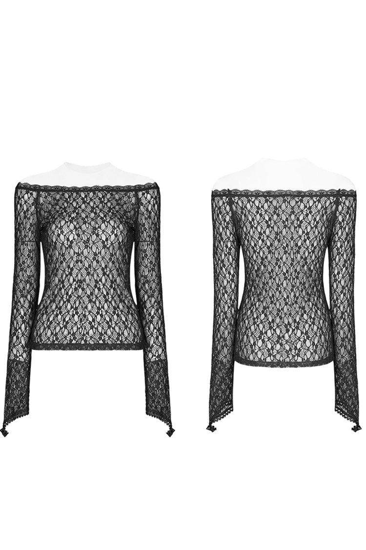 Transparent Lace Gothic Tee with One-Word Collar, Long-Sleeve Women's