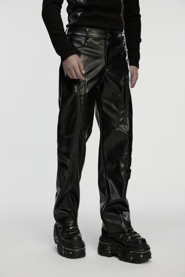 Men's Punk Faux Leather Trousers with Eyelets and Zip - Noir