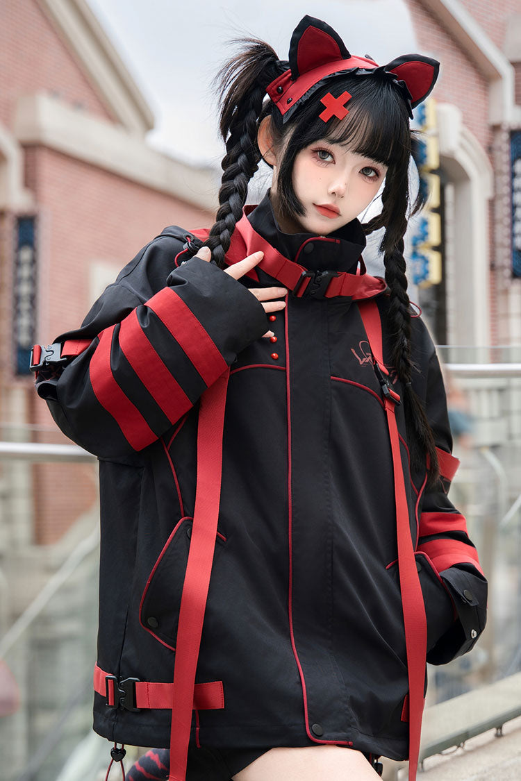 Crimson & Noir Long Sleeve Print Cat Ear Hooded Jirai Kei Stylish Coat