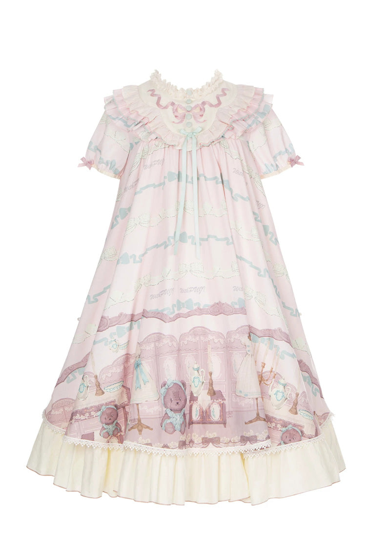 Rose Bear Print Bow Sweet Lolita Dress Set with Ruffled Short Sleeves