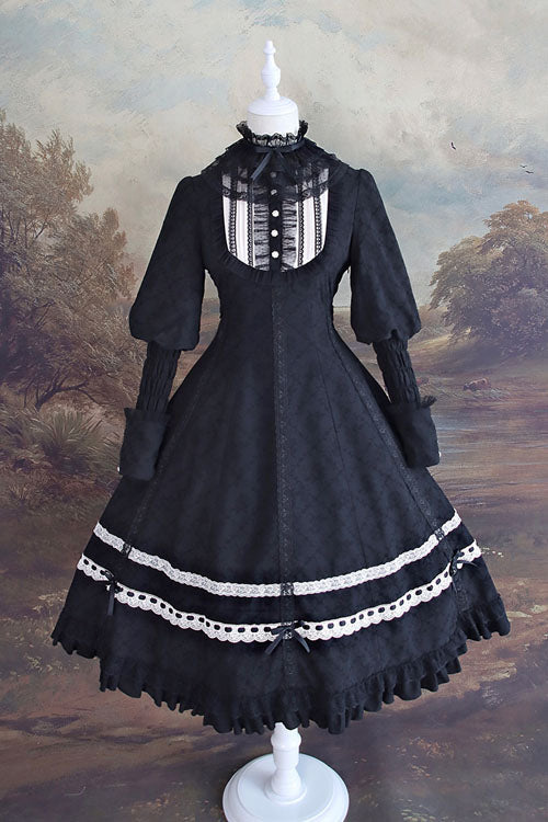 Classic Lolita OP Dress with Dark Church Lace, Ruffled Long Sleeves and Cross