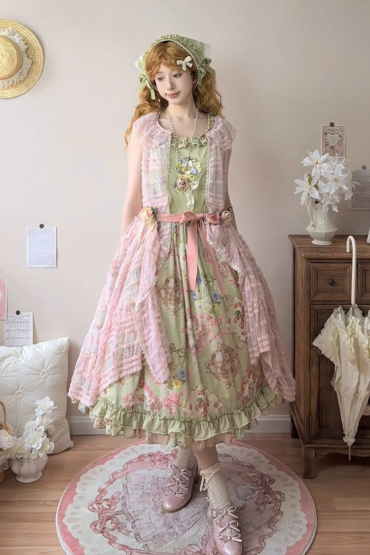 Emerald Cat Rose Tea Sleeveless Floral Ruffle Bow Sweet Lolita Jumper