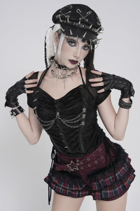 Punk Blouse with Studded Pleats and Chain Accents