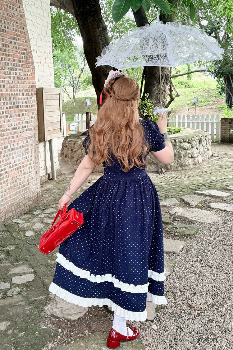 Polka Dot V-Neck Ruffled Bow Lace Plus-Size Preppy Dress