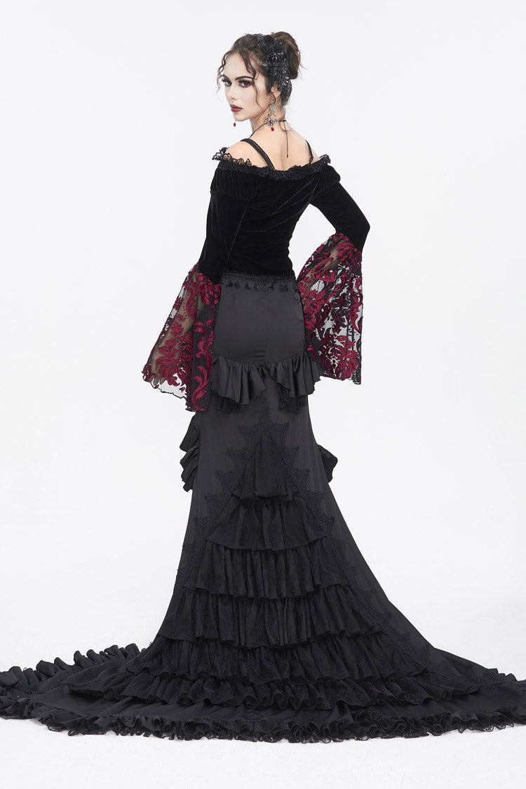 Crimson & Noir Off-Shoulder Flared Sleeve Embroidered Lace Gothic Top