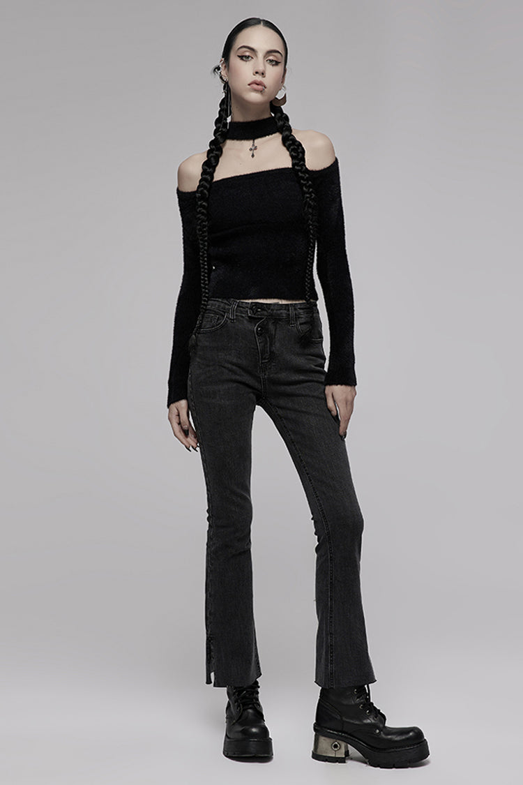 Punk Long Sleeve Top with Metal Cross & Hollow-Carved Knit Design in Black