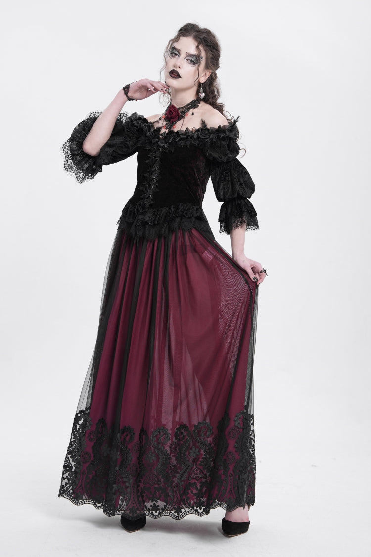 Crimson Gothic Blouse with Ruffled Sleeves and Lace-Up Front