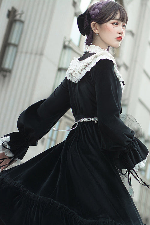 Elegant Velvet Collar Long-Sleeve OP Dress in Black