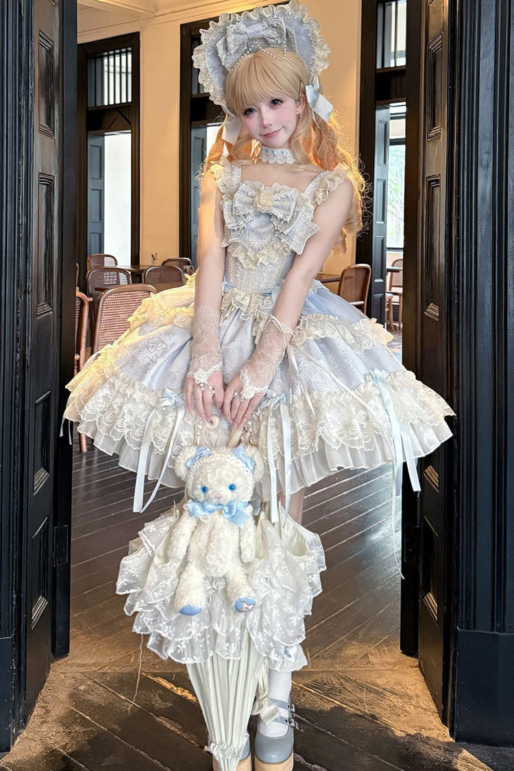 Dark Jacquard Print Bowknot Lace Sleeveless JSK - Blossoming Heart Love