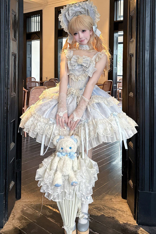 Dark Jacquard Print Bowknot Lace Sleeveless JSK - Blossoming Heart Love