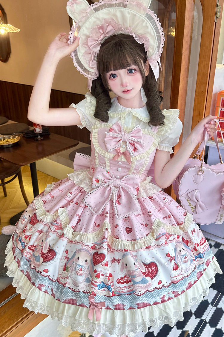 Rosy Bunny Celebration Sleeveless Layered Frilled Bow Lolita Jumper