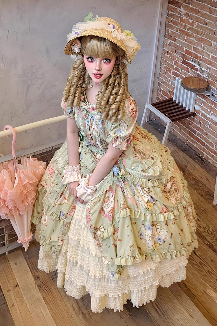 Emerald Cat Rose Tea Short Sleeve Printed Ruffle Cardigan Bow Daily Lolita Gown