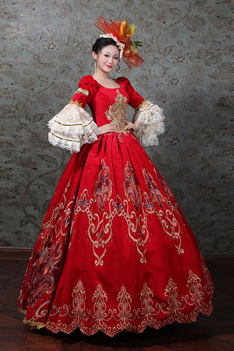 Crimson Victorian Prom Dress with Layered Sleeves and Embroidery