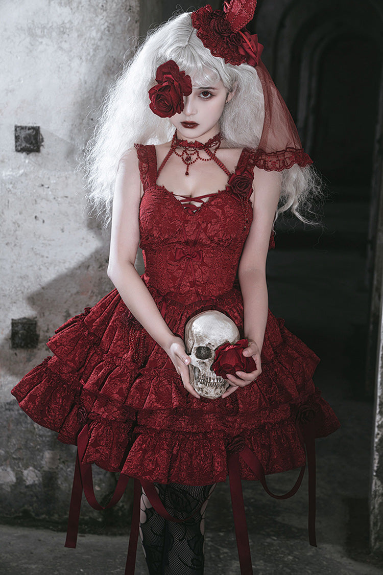 Crying Rose Double-Layer Ruffled Embroidered Bow Lace Gothic Ballet Lolita Skirt Set in 4 Shades
