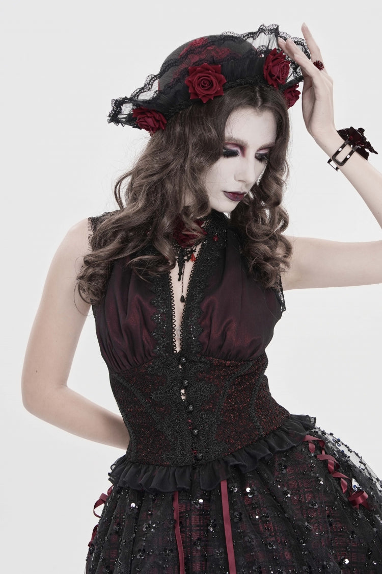 Crimson & Noir Off-Shoulder Double-Layer Embroidered Lace-Up Fitted Gothic Corset Vest