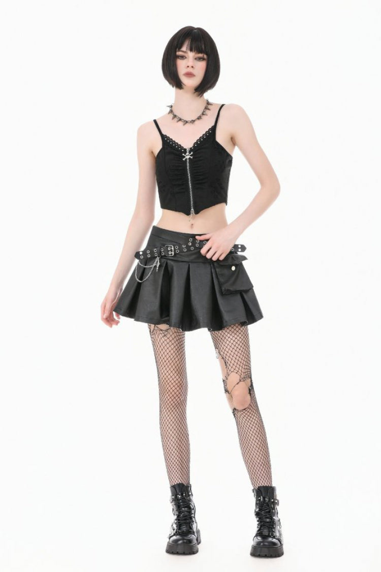 Women's Punk Pleated Skirt with Belt, Chain and Cross Lace-Up Decoration