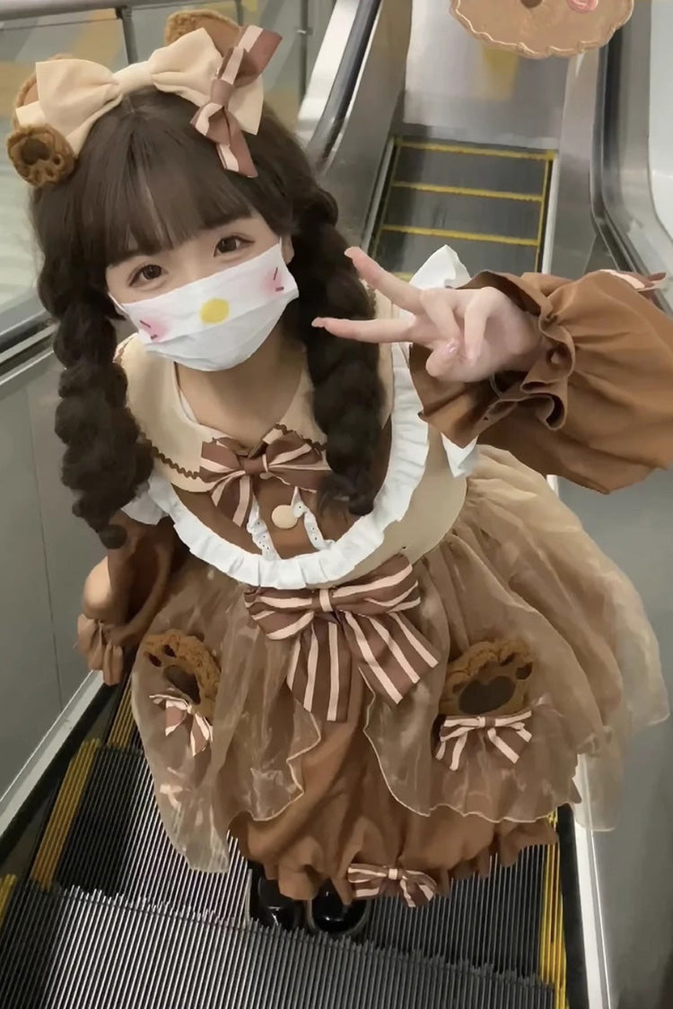 Sweet Lolita Dress with Bear, Long Sleeves, High Waisted Ruffle Bowknot in 3 Colors